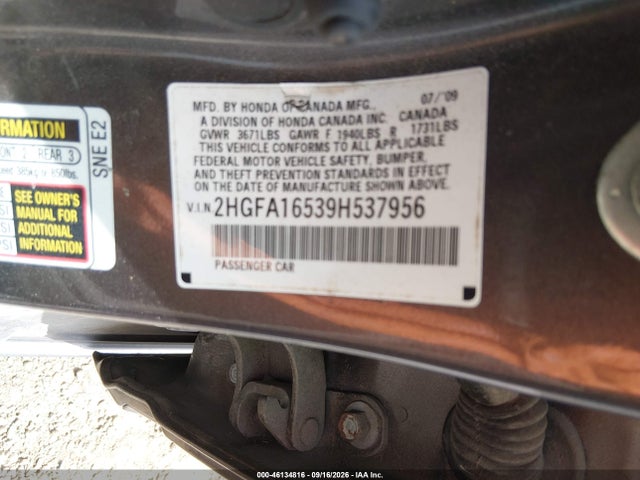 46134816 :رقم المزاد ، 2HGFA16539H537956 vin ، 2009 Honda Civic Lx مزاد بيع