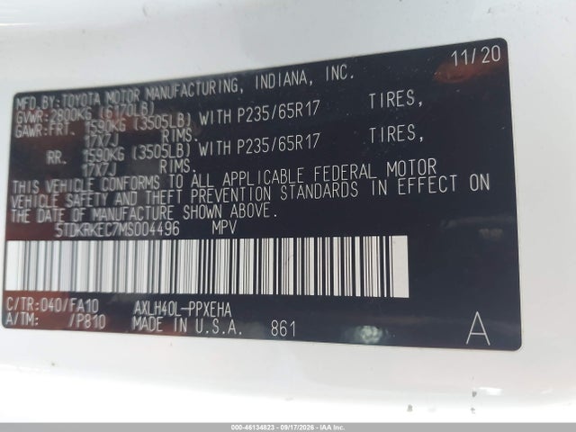 Продажа на аукционе авто 2021 Toyota Sienna Le, vin: 5TDKRKEC7MS004496, номер лота: 46134823