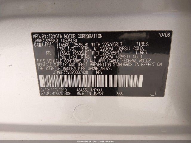 46134829 :رقم المزاد ، JTMBF33V89D007428 vin ، 2009 Toyota Rav4 مزاد بيع