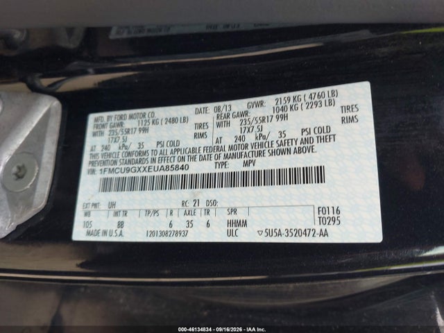 46134834 :رقم المزاد ، 1FMCU9GXXEUA85840 vin ، 2014 Ford Escape Se مزاد بيع