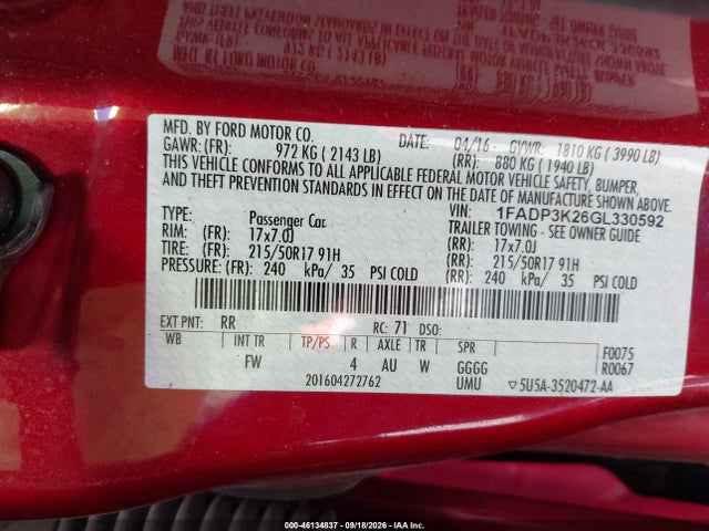 Aukcja sprzedaży 2016 Ford Focus Se, vin: 1FADP3K26GL330592, numer aukcji: 46134837