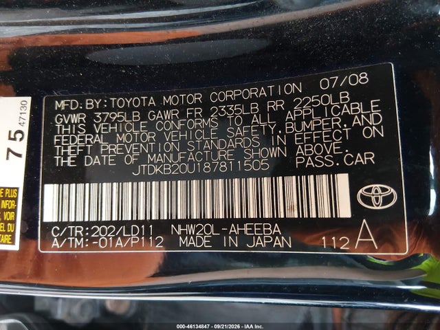 Продаж на аукціоні авто 2008 Toyota Prius, vin: JTDKB20U187811505, номер лоту: 46134847