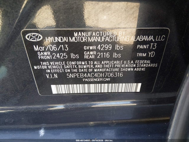 Продажа на аукционе авто 2013 Hyundai Sonata Gls, vin: 5NPEB4AC4DH706316, номер лота: 46134851