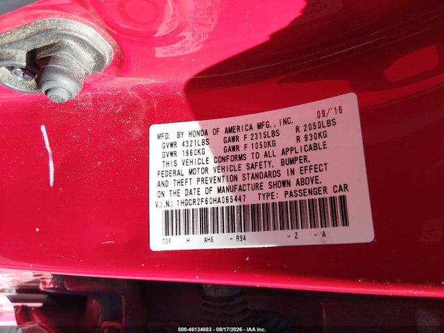2017 Honda Accord Sport მანქანა იყიდება აუქციონზე, vin: 1HGCR2F60HA065447, აუქციონის ნომერი: 46134883