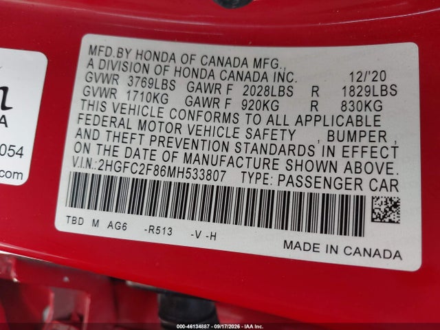 2021 Honda Civic Sport მანქანა იყიდება აუქციონზე, vin: 2HGFC2F86MH533807, აუქციონის ნომერი: 46134887