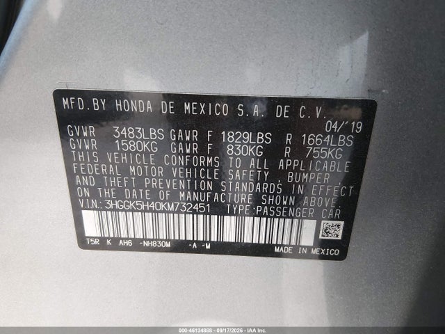Honda FIT LX 2019 3HGGK5H40KM732451 Image 9