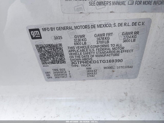 Aukcja sprzedaży 2026 Gmc Sierra 1500 Slt, vin: 3GTPHDED1TG169390, numer aukcji: 46134889