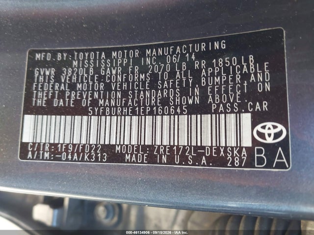 Продаж на аукціоні авто 2014 Toyota Corolla S Plus, vin: 5YFBURHE1EP160645, номер лоту: 46134906