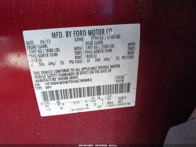 2013 Ford Explorer Xlt მანქანა იყიდება აუქციონზე, vin: 1FM5K8D87DGC56983, აუქციონის ნომერი: 46134907