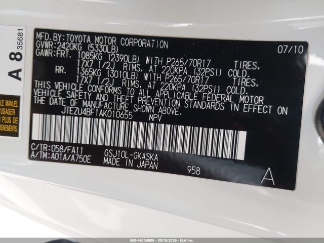 Продаж на аукціоні авто 2010 Toyota Fj Cruiser, vin: JTEZU4BF1AK010655, номер лоту: 46134908