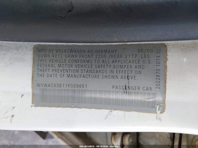 Продажа на аукционе авто 2001 Volkswagen Passat Gls, vin: WVWAC63B11P009651, номер лота: 46134910