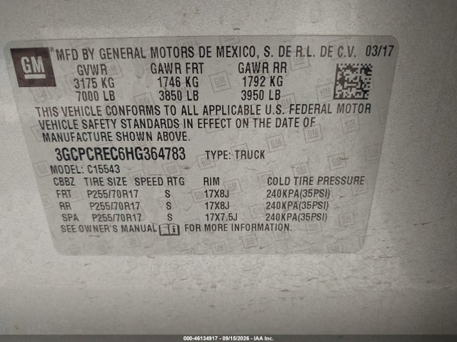 Продажа на аукционе авто 2017 Chevrolet Silverado 1500 1lt, vin: 3GCPCREC6HG364783, номер лота: 46134917
