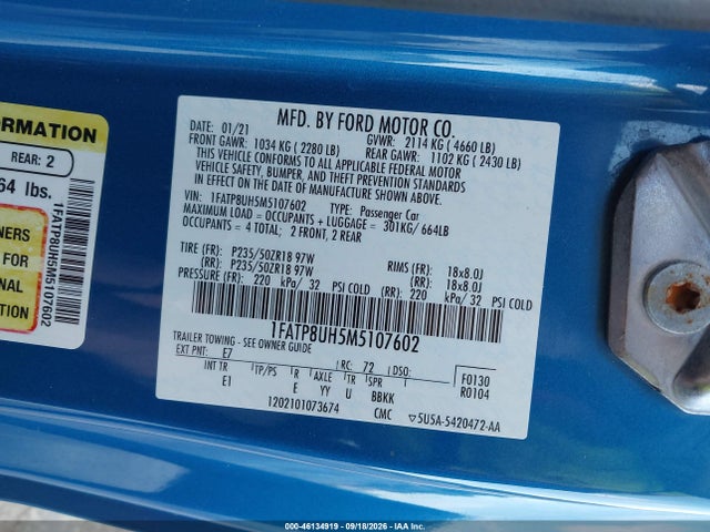 Продаж на аукціоні авто 2021 Ford Mustang Ecoboost Premium, vin: 1FATP8UH5M5107602, номер лоту: 46134919