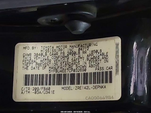 Продаж на аукціоні авто 2012 Toyota Corolla Le, vin: 5YFBU4EE7CP032690, номер лоту: 46134928
