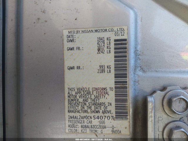 Продаж на аукціоні авто 2012 Nissan Altima 2.5 S, vin: 1N4AL2AP0CN540707, номер лоту: 46134930