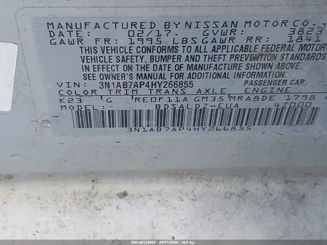 46134955 :رقم المزاد ، 3N1AB7AP4HY266855 vin ، 2017 Nissan Sentra Sv مزاد بيع