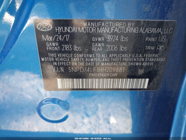 Aukcja sprzedaży 2017 Hyundai Elantra Se, vin: 5NPD74LF1HH209881, numer aukcji: 46134966
