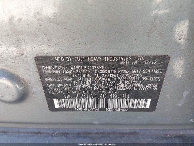 46134968 :رقم المزاد ، JF2SHADC4CH460183 vin ، 2012 Subaru Forester 2.5x Premium مزاد بيع