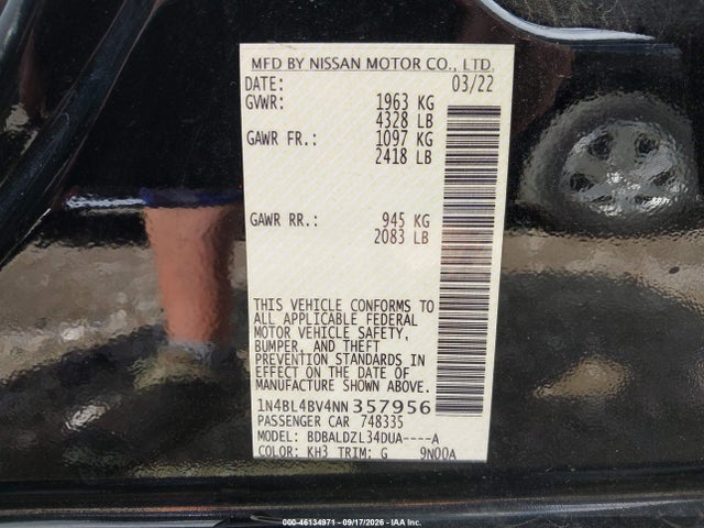 Продажа на аукционе авто 2022 Nissan Altima 2.5 S, vin: 1N4BL4BV4NN357956, номер лота: 46134971