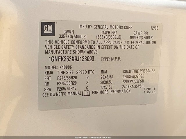 Продажа на аукционе авто 2009 Chevrolet Suburban 1500 Lt1, vin: 1GNFK263X9J123093, номер лота: 46134991