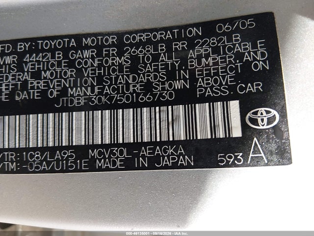 Продаж на аукціоні авто 2005 Toyota Camry Xle V6, vin: JTDBF30K750166730, номер лоту: 46135001