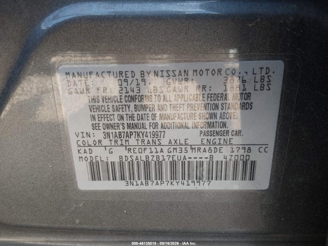 Aukcja sprzedaży 2019 Nissan Sentra S, vin: 3N1AB7AP7KY419977, numer aukcji: 46135018