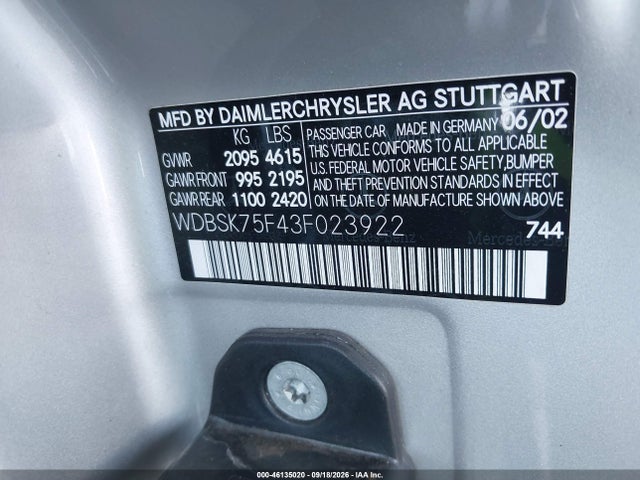 Продажа на аукционе авто 2003 Mercedes-benz Sl 500, vin: WDBSK75F43F023922, номер лота: 46135020