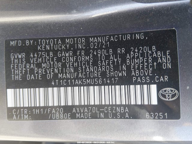 Aukcja sprzedaży 2021 Toyota Camry Le, vin: 4T1C11AK5MU561417, numer aukcji: 46135026