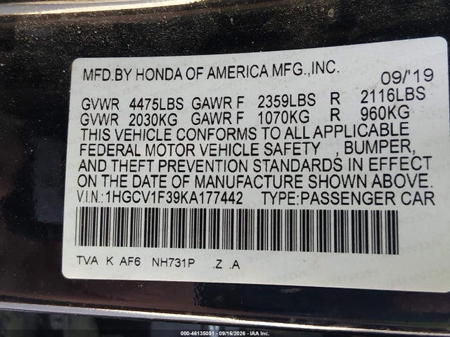 2019 Honda Accord Sport მანქანა იყიდება აუქციონზე, vin: 1HGCV1F39KA177442, აუქციონის ნომერი: 46135051