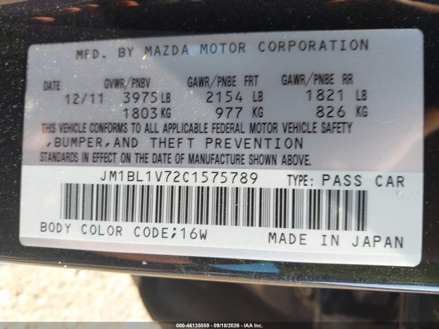 Aukcja sprzedaży 2012 Mazda Mazda3 I Touring, vin: JM1BL1V72C1575789, numer aukcji: 46135059