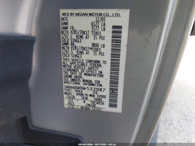 Aukcja sprzedaży 2006 Nissan Titan Se, vin: 1N6BA06B96N533987, numer aukcji: 46135064