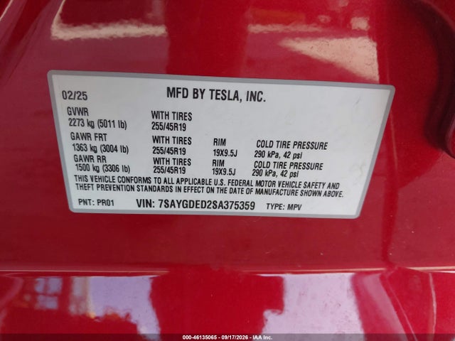 7SAYGDED2SA375359 Tesla Model Y Long Range Dual Motor Rear-wheel Drive