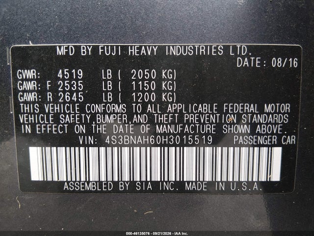 46135076 :رقم المزاد ، 4S3BNAH60H3015519 vin ، 2017 Subaru Legacy 2.5i Premium مزاد بيع