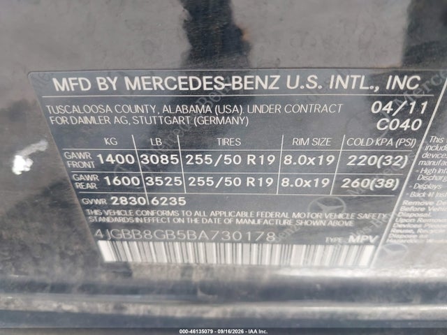Продаж на аукціоні авто 2011 Mercedes-benz Ml 350 4matic, vin: 4JGBB8GB5BA730178, номер лоту: 46135079