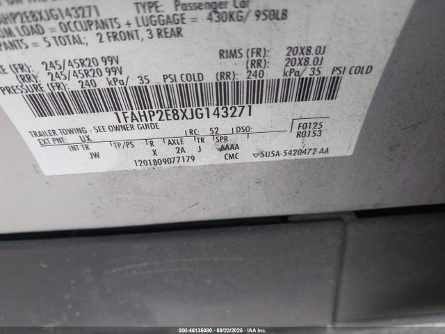 46135080 :رقم المزاد ، 1FAHP2E8XJG143271 vin ، 2018 Ford Taurus Sel مزاد بيع