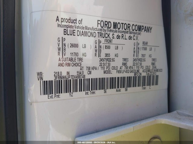 46135088 :رقم المزاد ، 3FRNW6JP7DV498748 vin ، 2013 Ford F-650 Pro Loader Gas Xl/xlt مزاد بيع