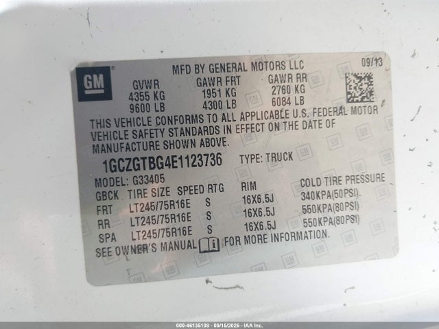 46135108 :رقم المزاد ، 1GCZGTBG4E1123736 vin ، 2014 Chevrolet Express 3500 Work Van مزاد بيع