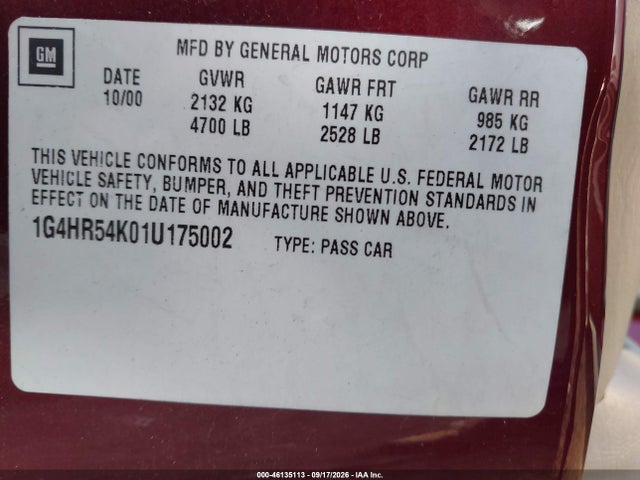 Продаж на аукціоні авто 2001 Buick Lesabre Limited, vin: 1G4HR54K01U175002, номер лоту: 46135113