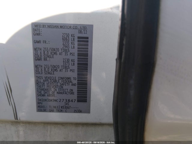 Aukcja sprzedaży 2022 Nissan Pathfinder Platinum 4wd, vin: 5N1DR3DK9NC273847, numer aukcji: 46135125