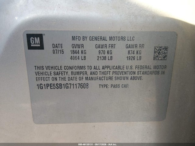 46135131 :رقم المزاد ، 1G1PE5SB1G7117608 vin ، 2016 Chevrolet Cruze Limited 1lt Auto مزاد بيع