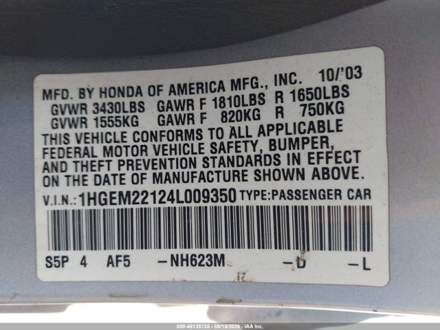 2004 Honda Civic Vp მანქანა იყიდება აუქციონზე, vin: 1HGEM22124L009350, აუქციონის ნომერი: 46135135