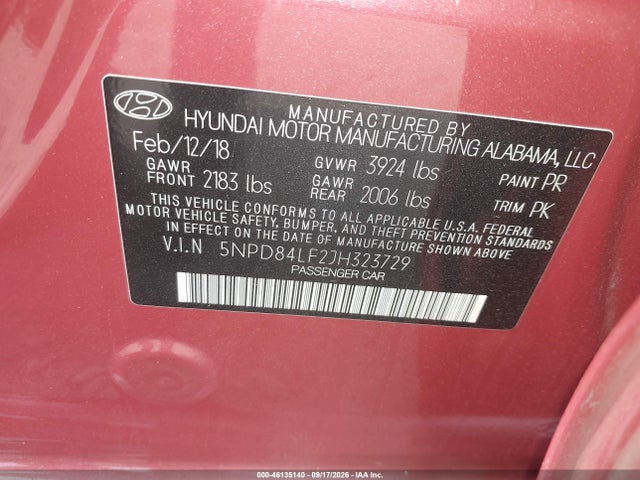 2018 Hyundai Elantra Value Edition მანქანა იყიდება აუქციონზე, vin: 5NPD84LF2JH323729, აუქციონის ნომერი: 46135140
