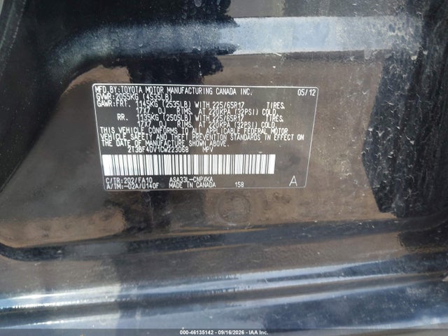Aukcja sprzedaży 2012 Toyota Rav4, vin: 2T3BF4DV1CW223068, numer aukcji: 46135142