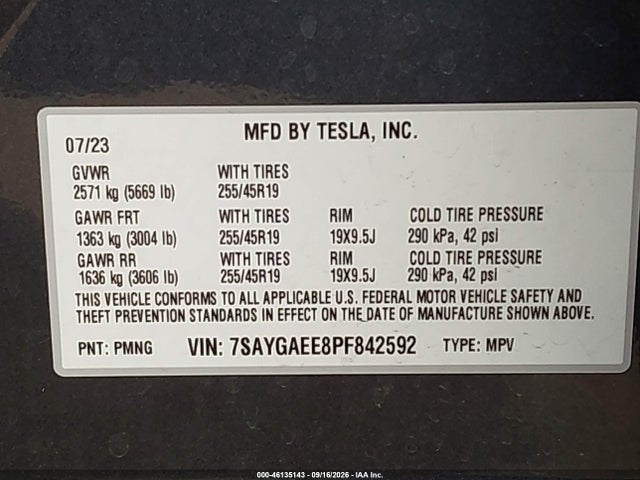 2023 Tesla Model Y Awd/long Range Dual Motor All-wheel Drive მანქანა იყიდება აუქციონზე, vin: 7SAYGAEE8PF842592, აუქციონის ნომერი: 46135143