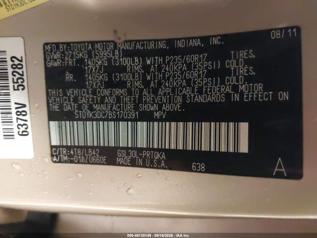 46135149 :رقم المزاد ، 5TDYK3DC7BS170391 vin ، 2011 Toyota Sienna Xle V6 مزاد بيع