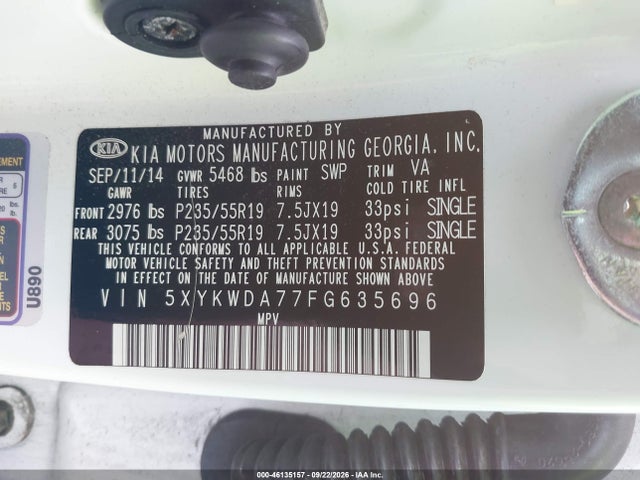46135157 :رقم المزاد ، 5XYKWDA77FG635696 vin ، 2015 Kia Sorento Sx V6 مزاد بيع