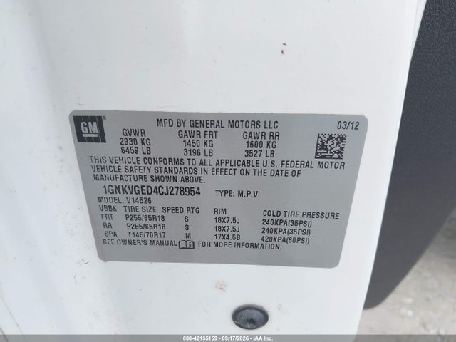Aukcja sprzedaży 2012 Chevrolet Traverse 1lt, vin: 1GNKVGED4CJ278954, numer aukcji: 46135159