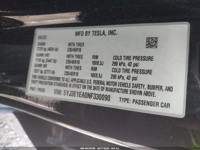 Tesla Model 3 Rear-wheel Drive 2022 5YJ3E1EA0NF330090 Image 9
