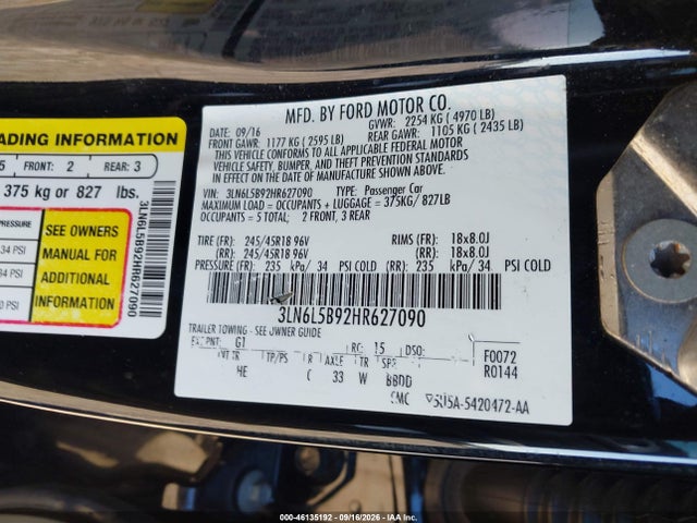 Продаж на аукціоні авто 2017 Lincoln Mkz Premiere, vin: 3LN6L5B92HR627090, номер лоту: 46135192