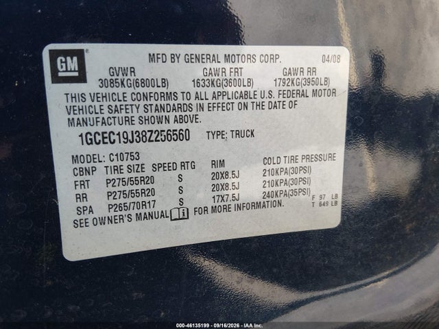 Продажа на аукционе авто 2008 Chevrolet Silverado 1500 Lt1, vin: 1GCEC19J38Z256560, номер лота: 46135199